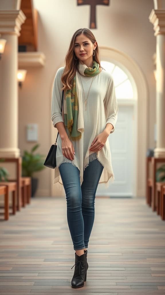 A woman in a boho tunic and fitted jeans, standing in a church hallway.