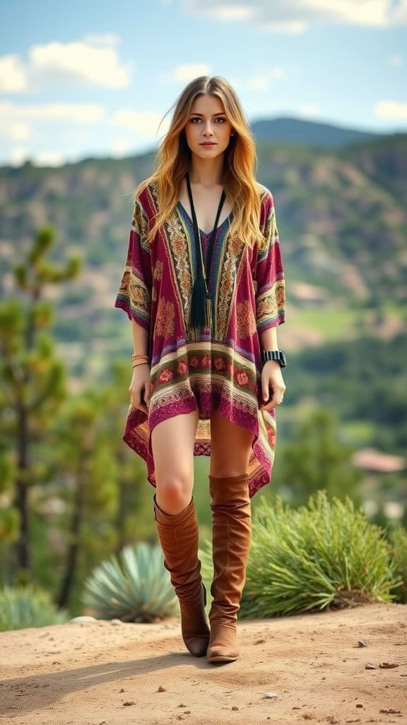 A woman wearing a loose-fitting tunic dress with over-the-knee boots in a garden setting.