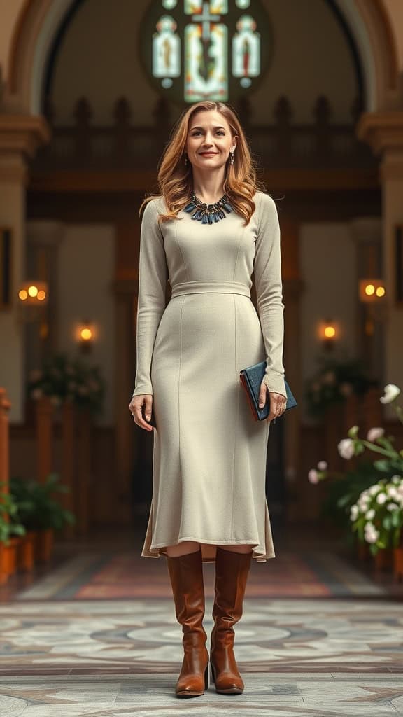 A woman wearing a neutral dress, statement necklace, and knee-high brown boots in a church setting.