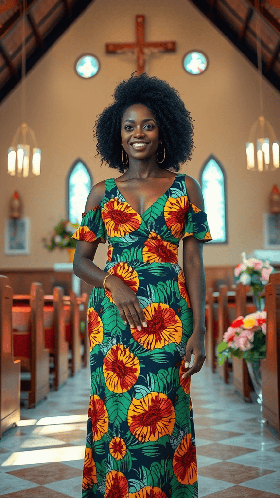 Vibrant Ankara dress displayed in a stylish setting with other dresses and floral arrangements.