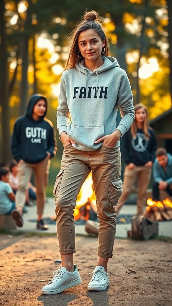 A young woman wearing a 'FAITH' graphic hoodie and cargo pants, standing outdoors with friends by a campfire.