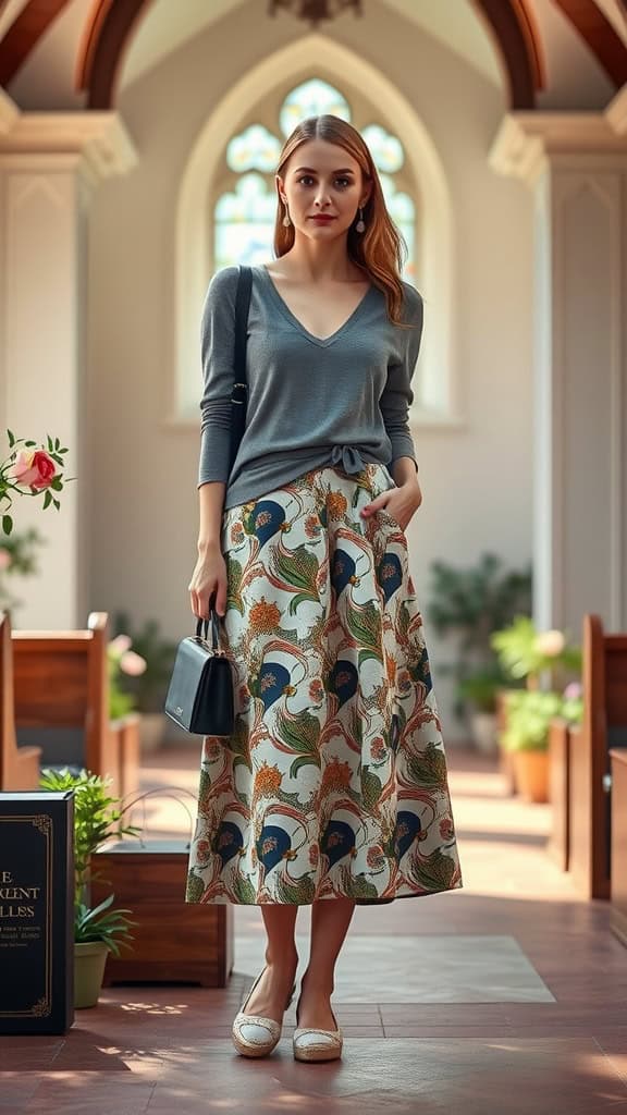 A woman wearing a patterned skirt, solid gray top, and espadrilles while standing in a church setting.