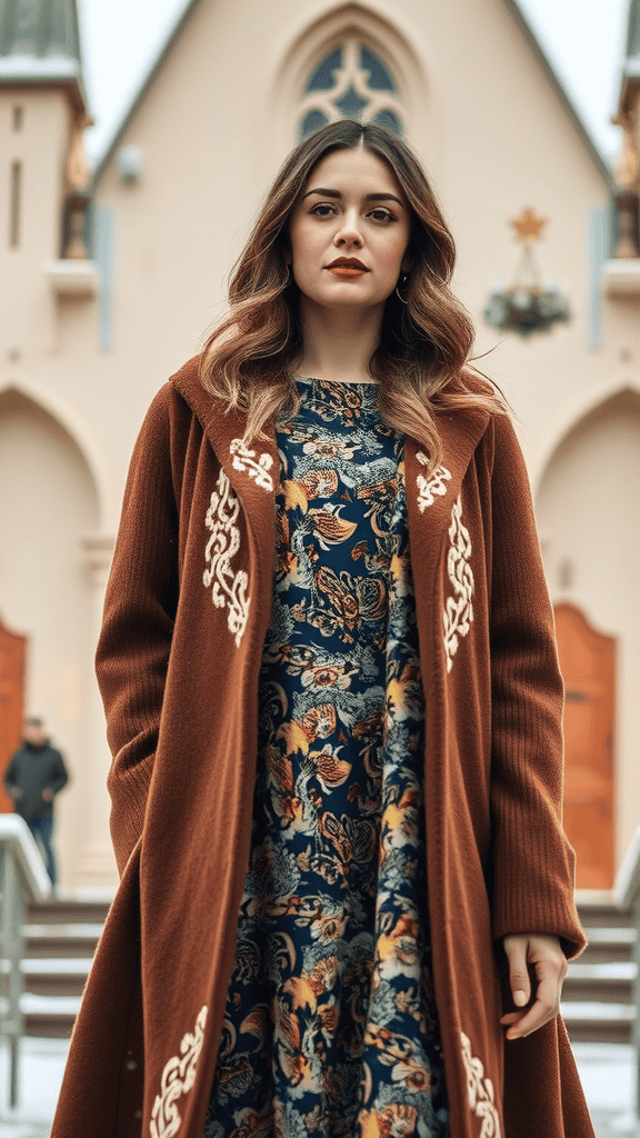 A woman in a printed dress and long coat standing outside a church.