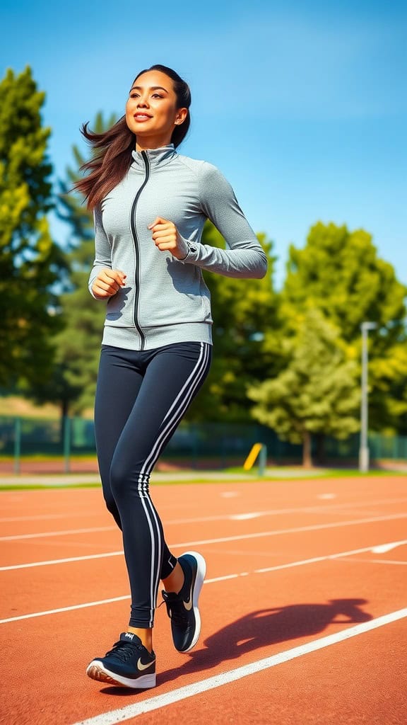 A woman in a stylish tracksuit with side stripes jogging on a track