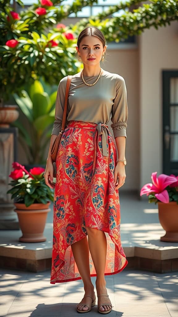 A woman wearing a vibrant patterned skirt with a neutral top and strappy sandals, surrounded by potted plants.