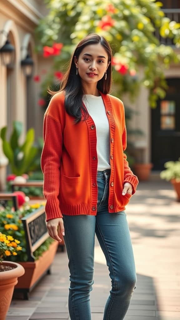 A woman wearing a bright orange cardigan over a white top and blue jeans, standing outdoors with flowers in the background.