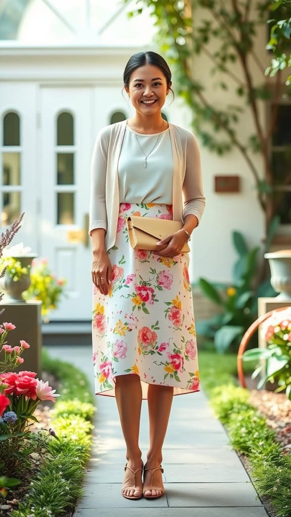 A woman in a floral midi skirt, white blouse, and strappy heels, smiling in a garden setting