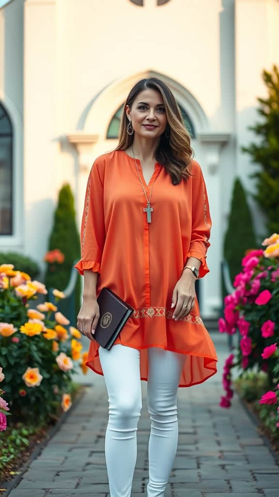 A woman in a bright orange tunic and white leggings stands outside a church, surrounded by flowers.