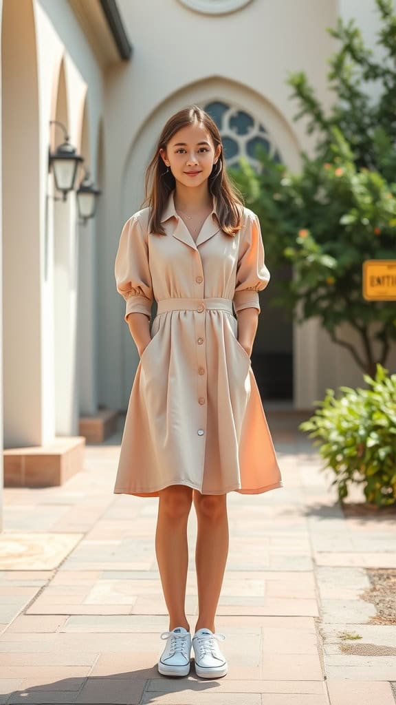 A teenage girl wearing a pale pink button-down dress with sneakers, standing in a church courtyard.