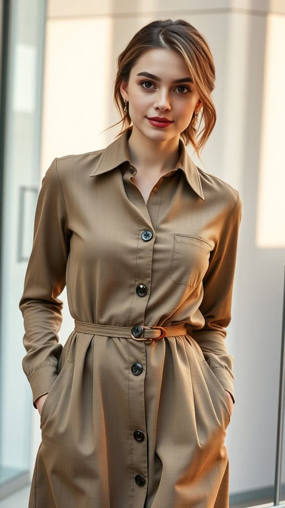 A model showcasing a button-down shirt dress with cinched waist, surrounded by similar dresses on hangers.