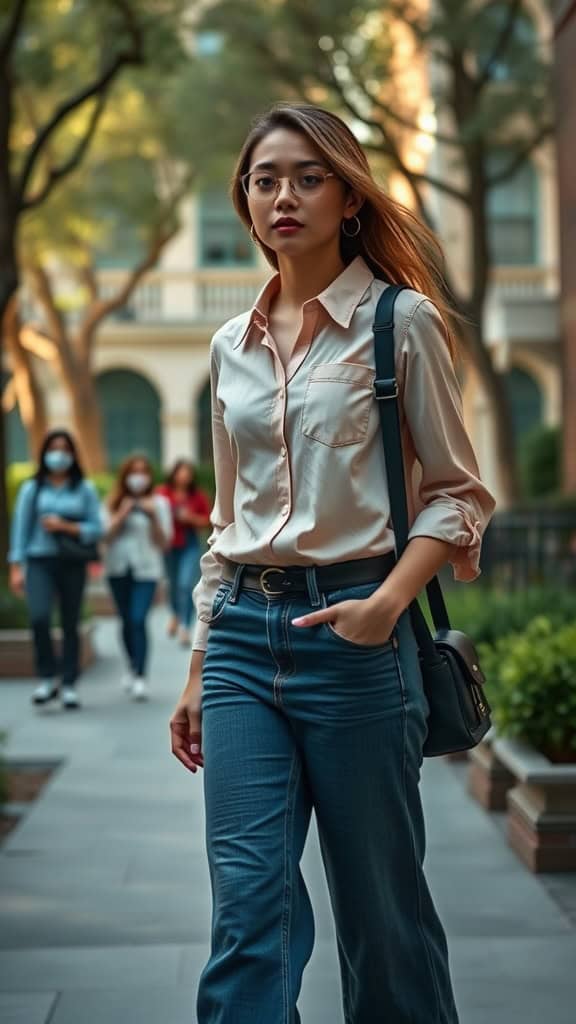 A young woman wearing a button-down shirt and wide-leg jeans, walking on a college campus.