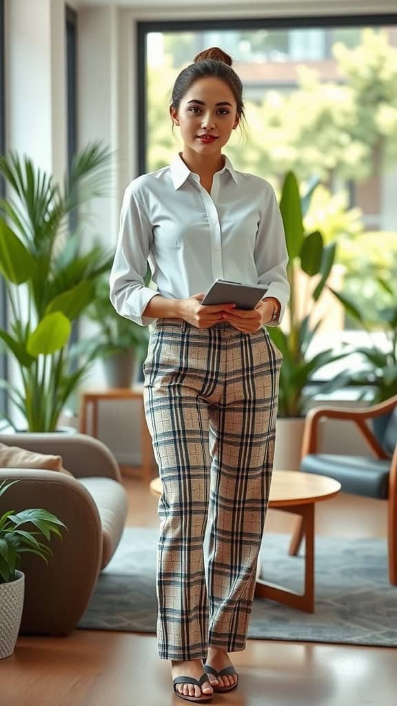 A woman in a button-up shirt and plaid pants standing in a modern office setting.