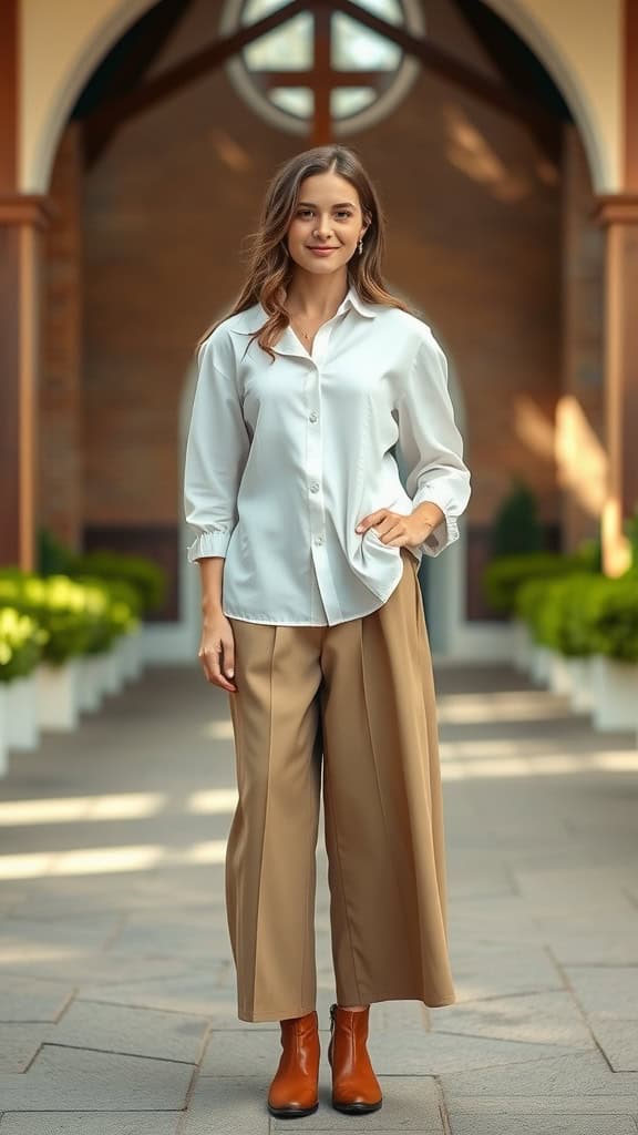 A woman wearing a white button-up blouse with flowy culottes in a church setting.