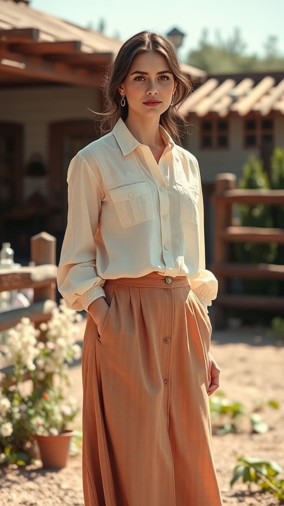 A woman wearing a light button-up blouse and a flowy midi skirt standing outdoors.