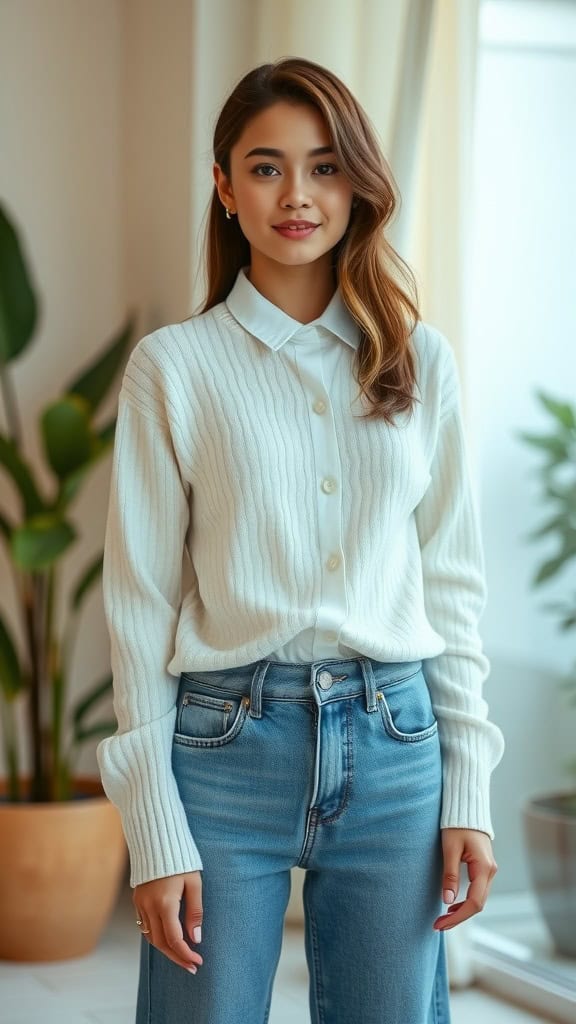 A girl wearing a crisp white button-up shirt under a cream sweater, styled casually with high-waisted jeans.