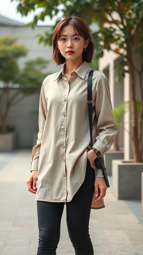 A woman wearing a beige button-up longline shirt with black leggings, posing in an outdoor setting.