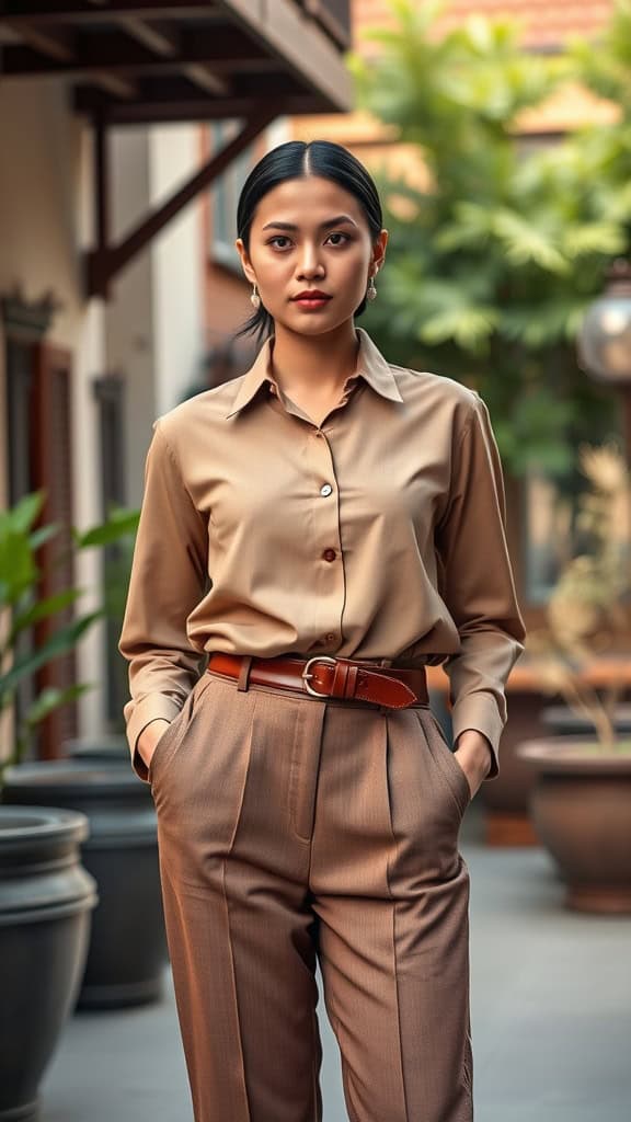 Woman wearing a button-up shirt and high-waisted trousers in a stylish outdoor setting.