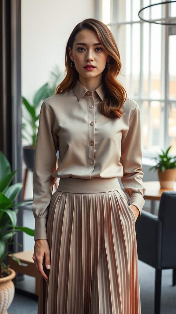 A woman wearing a button-up shirt tucked into a pleated skirt, showcasing a polished and professional look.