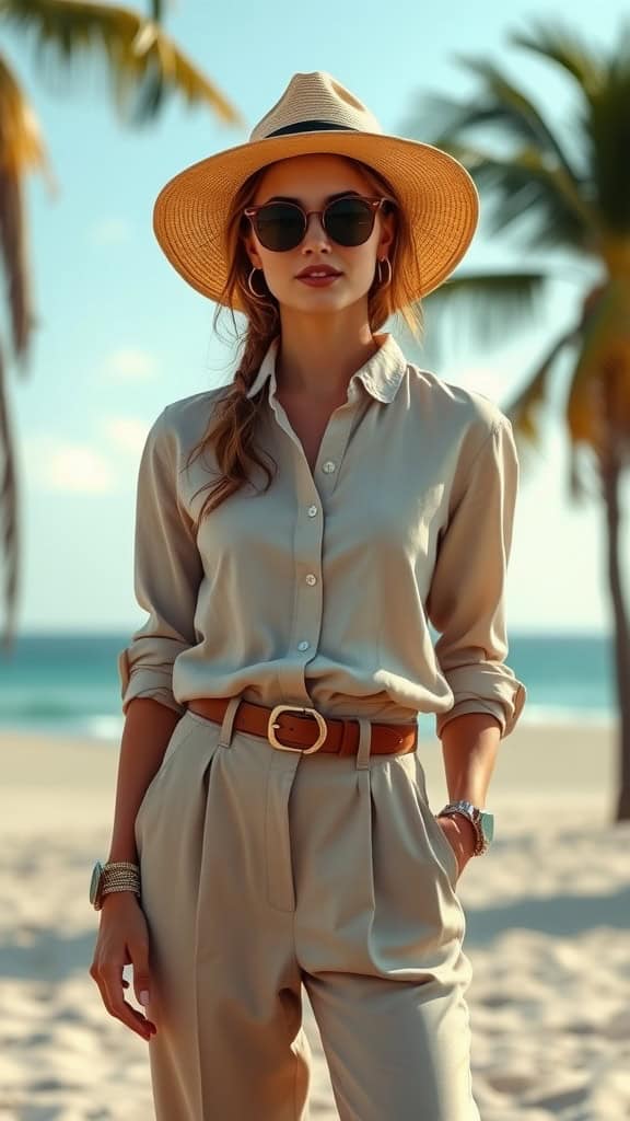 Model wearing a white button-up shirt and high-waisted trousers on a beach