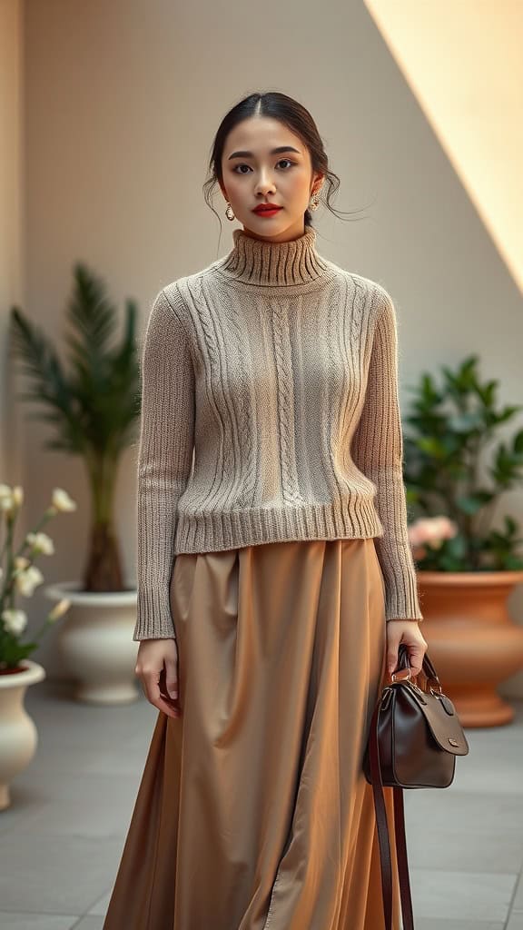 A woman wearing a cozy cable knit sweater with a satin skirt, showcasing a modest and stylish outfit.