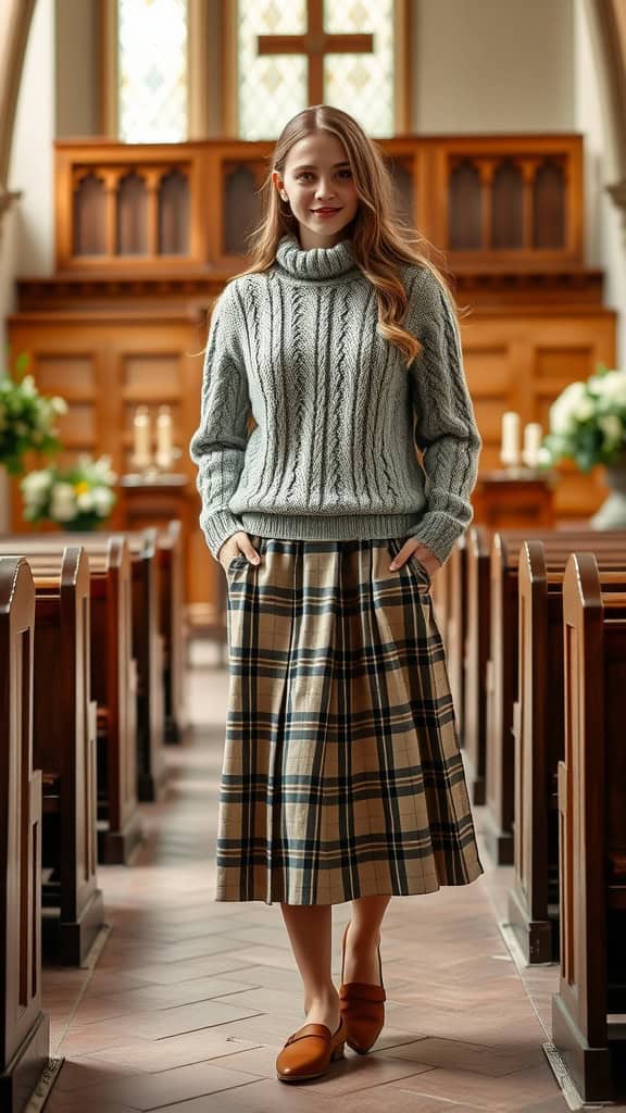 A young woman wearing a cable knit sweater and plaid skirt, standing inside a church.