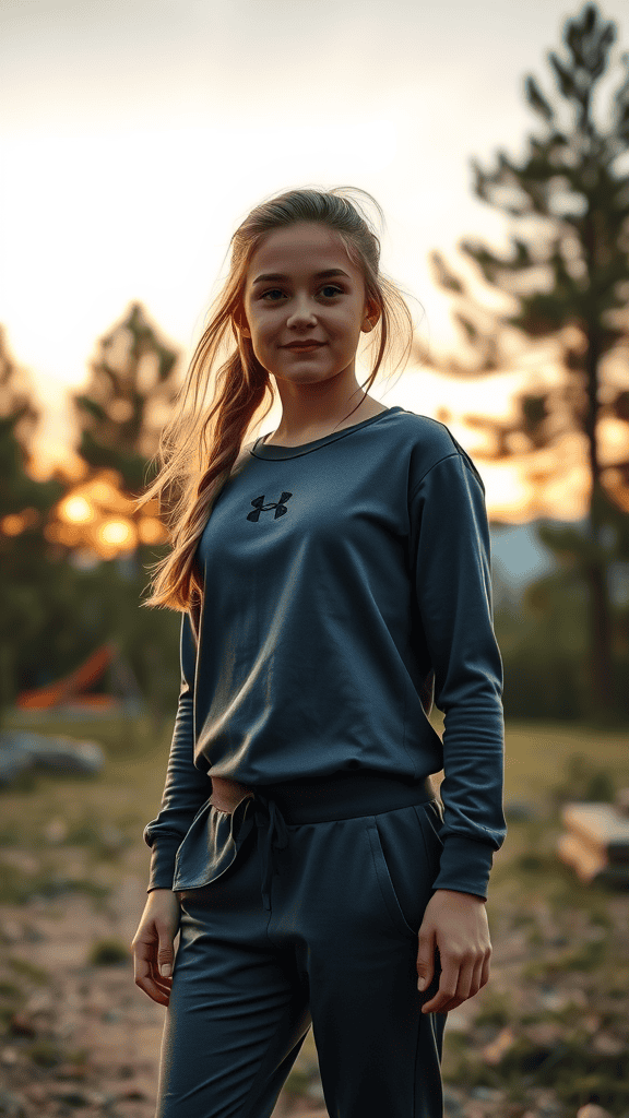 Three teenagers in casual outfits, featuring a long-sleeve shirt and joggers with inspirational prints, set against a sunset background.