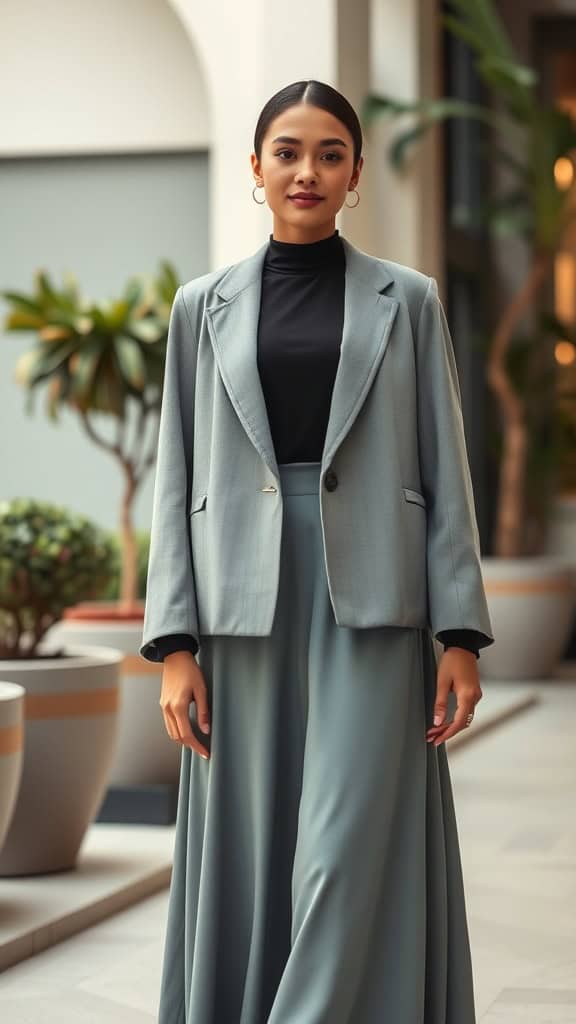 A confident woman wearing a cape blazer over a midi dress, standing in a modern indoor setting.