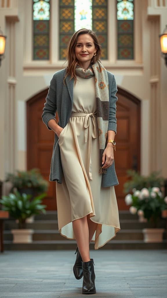 A woman wearing a cream A-line dress, grey cardigan, and black ankle boots, standing in a church hallway with stained glass windows.