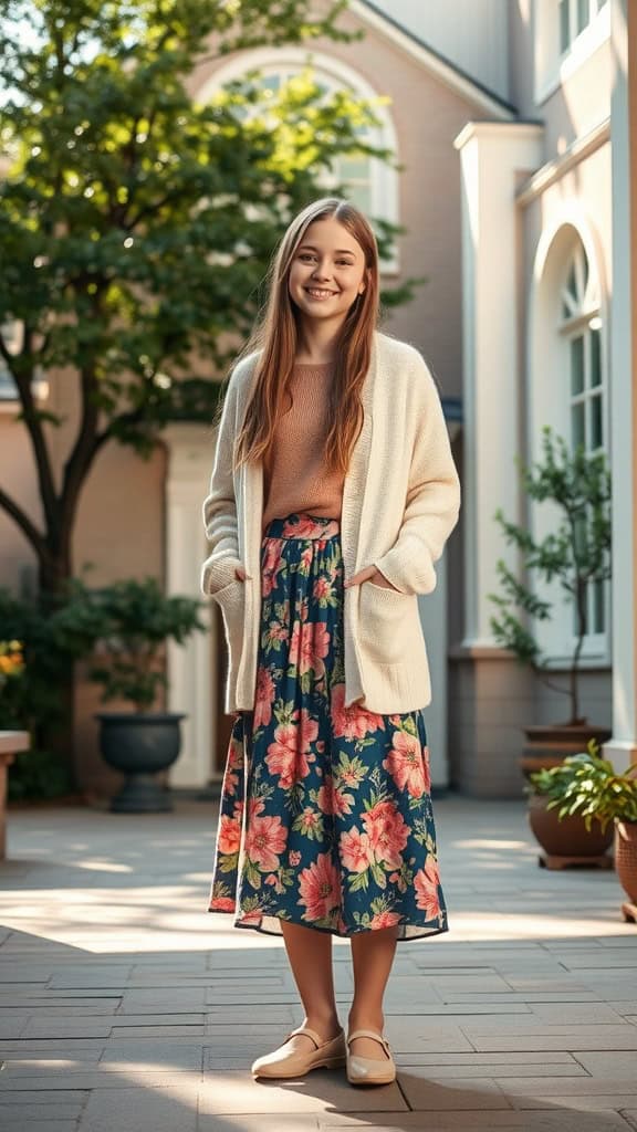 Teen girl smiling in a cardigan and floral skirt, standing in a garden.