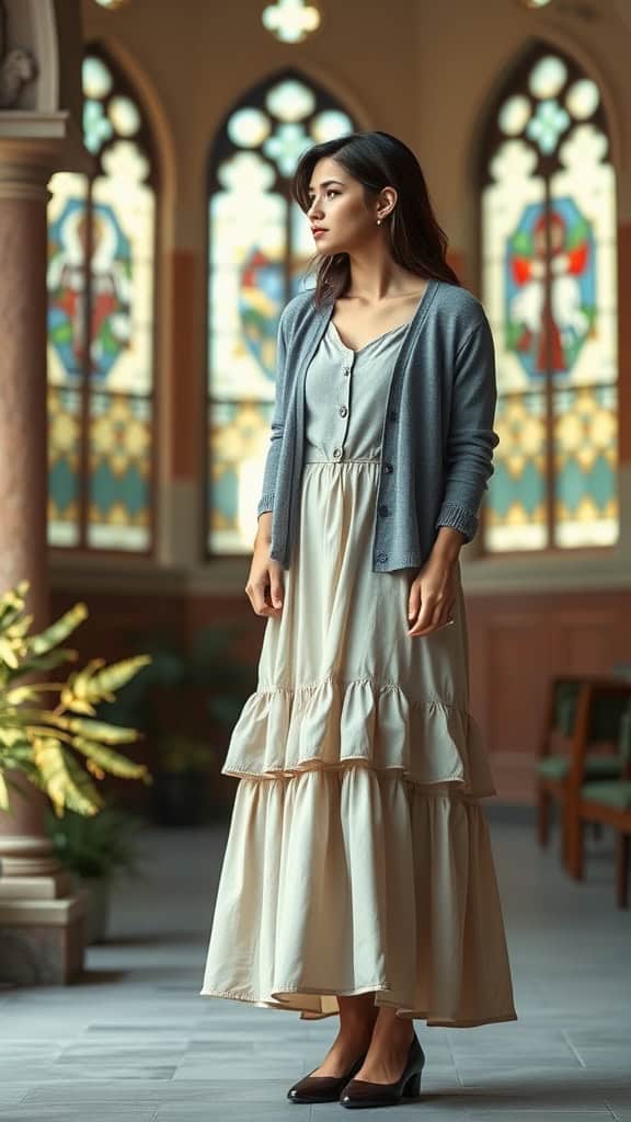 A woman wearing a button-up cardigan over a flowy tiered midi dress, standing in a church setting.