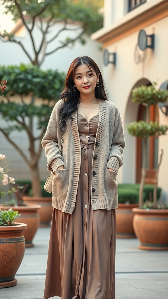 A woman wearing a beige cardigan over a brown satin dress in a garden setting.