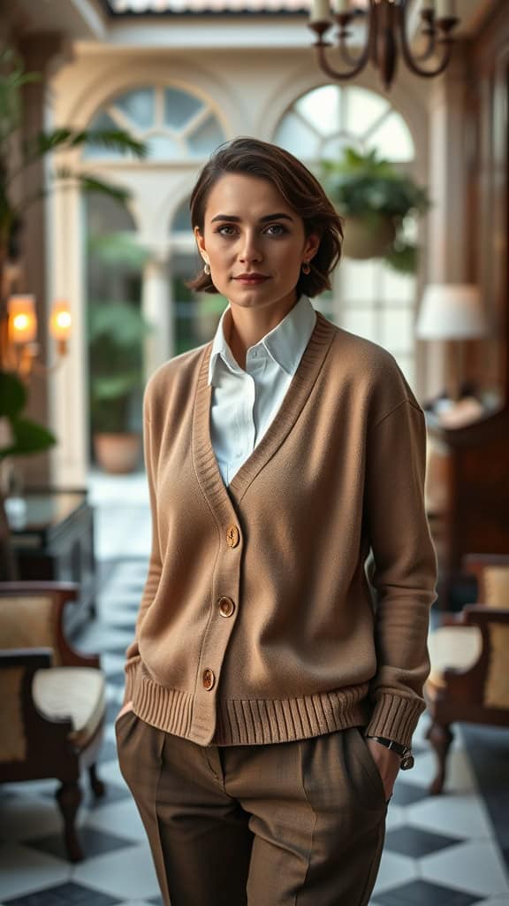 A woman wearing a cashmere cardigan over a collared shirt, standing in a stylish indoor space.