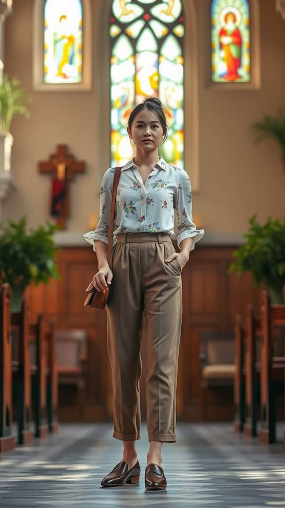 A woman standing in a church wearing a floral blouse tucked into high-waisted trousers with loafers, surrounded by stained glass windows.