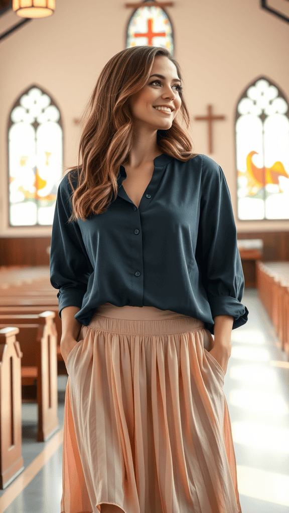 A stylish outfit featuring a casual blouse and a midi skirt displayed in a church setting, showcasing modest and elegant fashion.