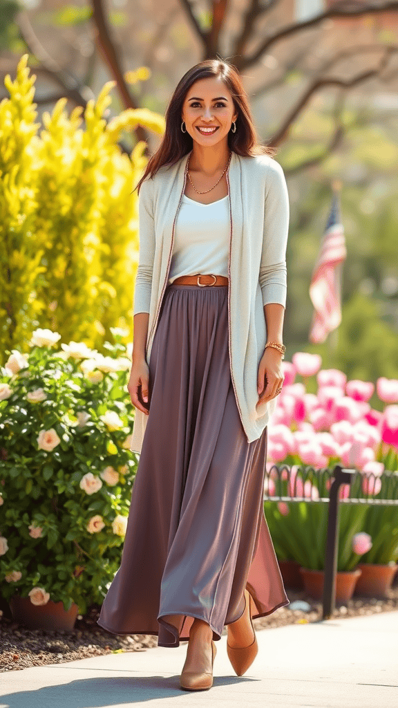 A mannequin displaying a casual church outfit consisting of a maxi skirt, fitted cardigan, and flats, surrounded by flowers in a garden setting.