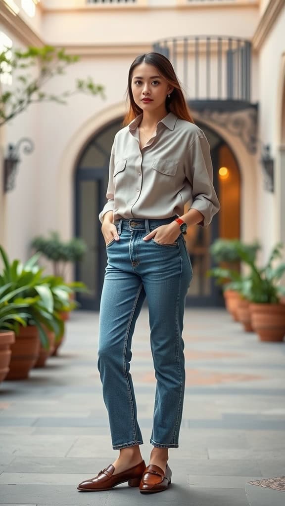 Woman in oversized shirt and jeans with loafers, showcasing casual chic modest style.