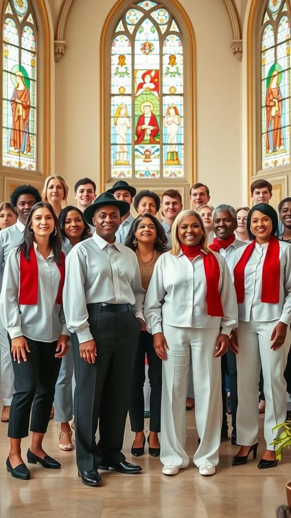 A diverse choir in coordinated casual blouses and slacks with red scarves, posing in a church setting.