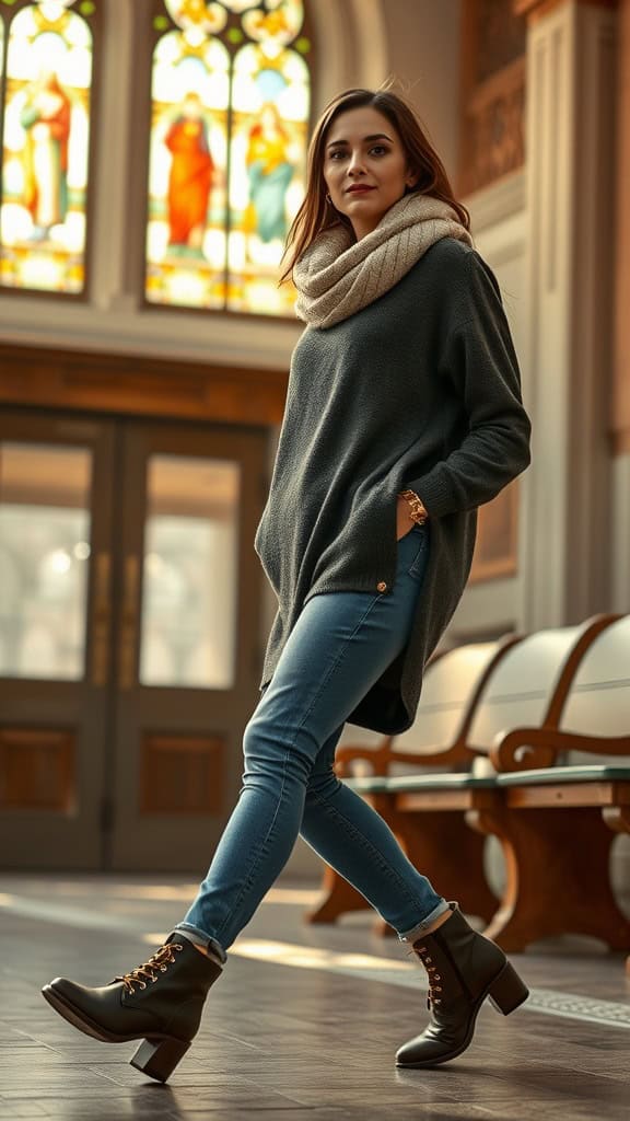 A woman in a cozy tunic sweater and jeans walking in a church setting, showcasing a modest and stylish outfit.