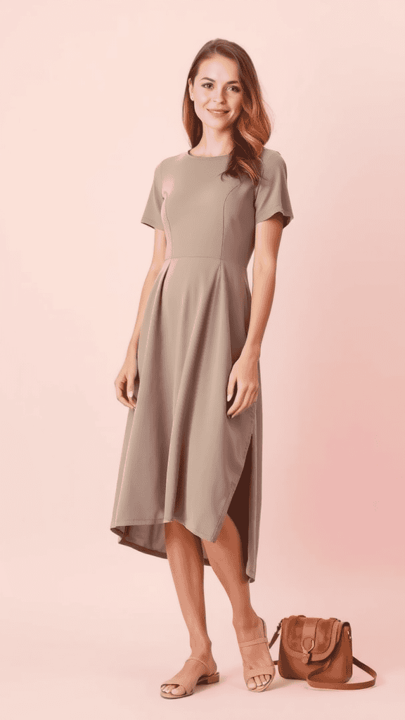 Simple A-line dress with short sleeves and a solid color hanging on a wall.