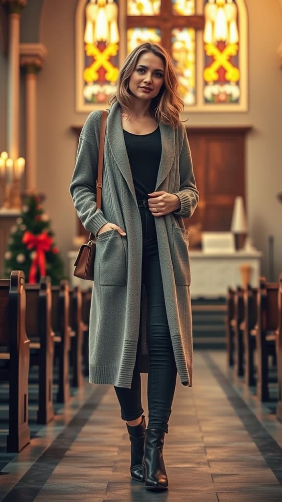 A woman wearing dark jeans, a long cardigan, and ankle boots in a church setting.