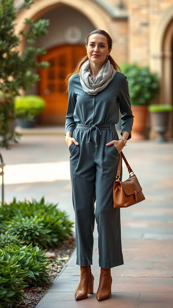 A woman wearing a stylish casual jumpsuit with a scarf, standing outside in a landscaped area.