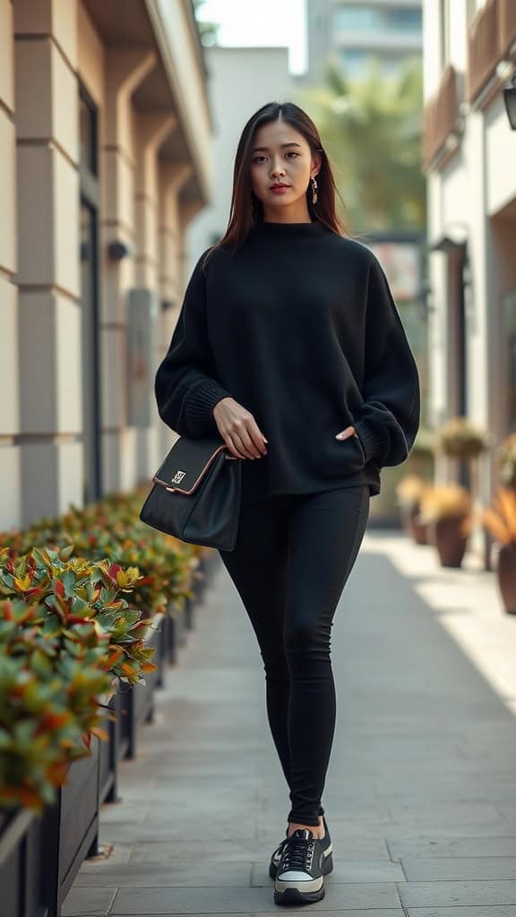 A woman walking in an oversized black sweater and black jeans, paired with stylish sneakers, exuding a casual yet chic vibe.