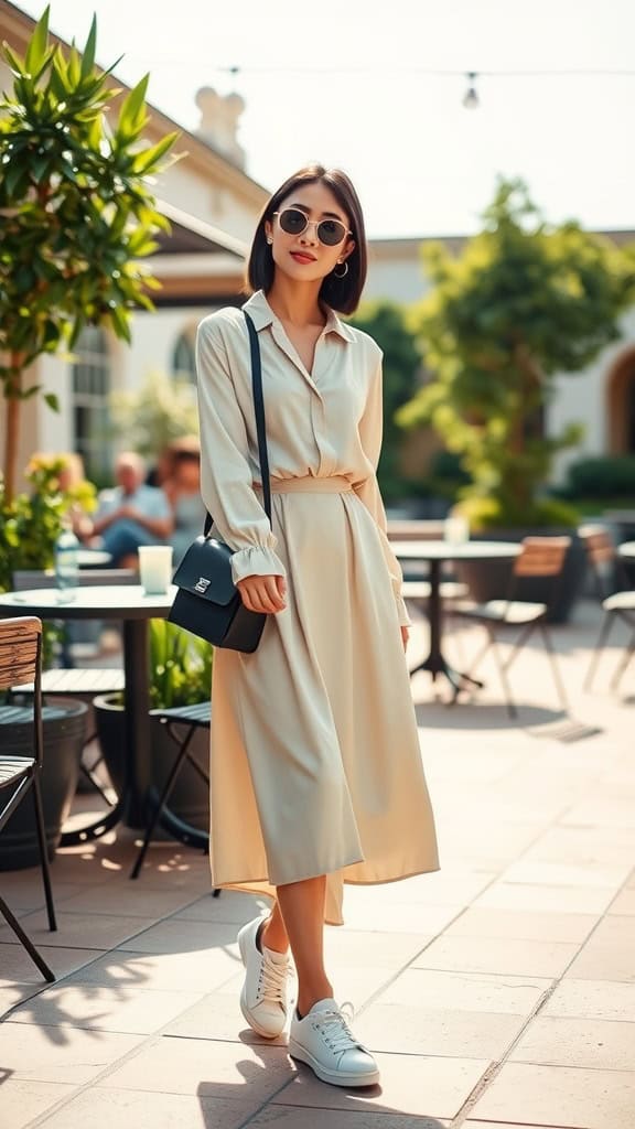 A woman in a light midi dress paired with white sneakers, sunglasses, and a small bag, standing in a relaxed outdoor setting.