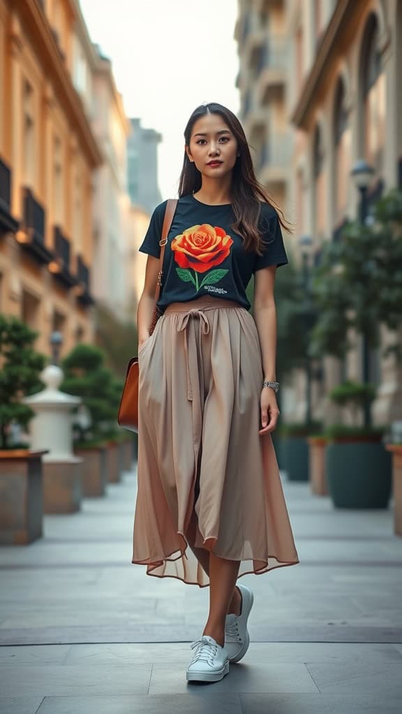 A woman wearing a graphic tee with a rose design, a flowing beige A-line skirt, and white sneakers, walking in a city street.