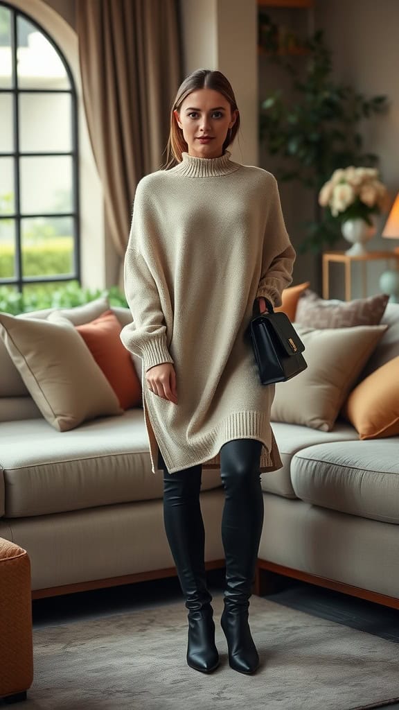 A woman wearing a long beige sweater with black leggings and knee-high boots, standing in a cozy living room setting.