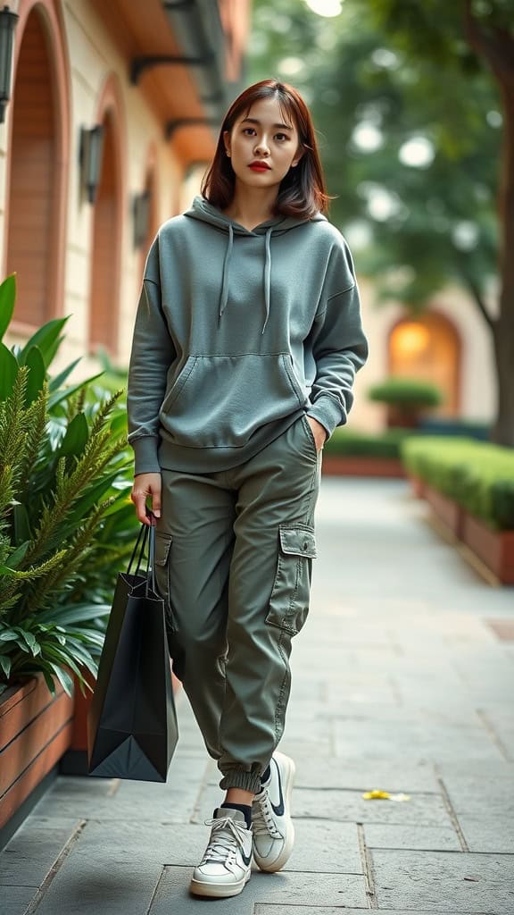 A woman in a gray hoodie and cargo pants walking with a black shopping bag and high-top sneakers.