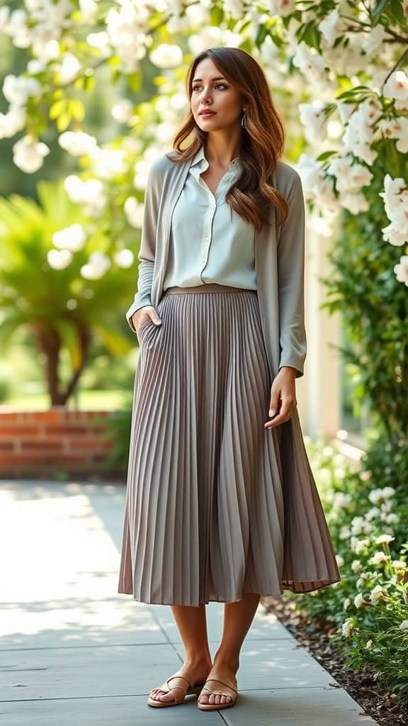 A woman in a pleated midi skirt and blouse, standing in front of blooming flowers.