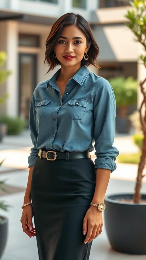 A woman wearing a chambray shirt and a black pencil skirt, standing confidently in an outdoor office space.