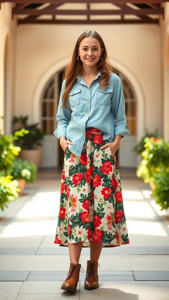 A young woman wearing a light chambray shirt and a floral midi skirt, standing in a bright indoor space.