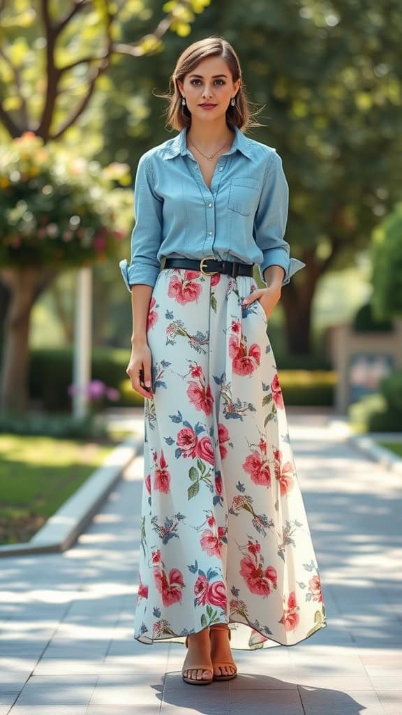 A woman wearing a chambray shirt and a floral maxi skirt, standing in a park.